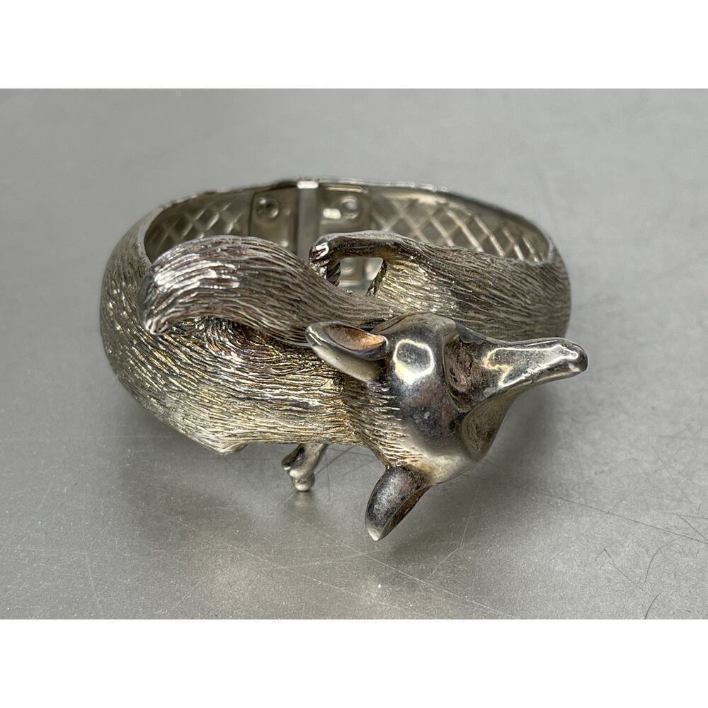 Vintage CASTLECLIFF Silver Plated Platinum FOX Clamper Cuff Bracelet